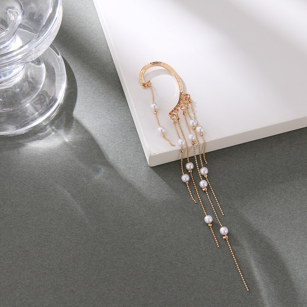 Victoria's Vogue 2021 New Gold Pearl Tassel Earrings Drop Dangle Ear Clip For Women Long Cuff Earring Bohemia Jewelrys