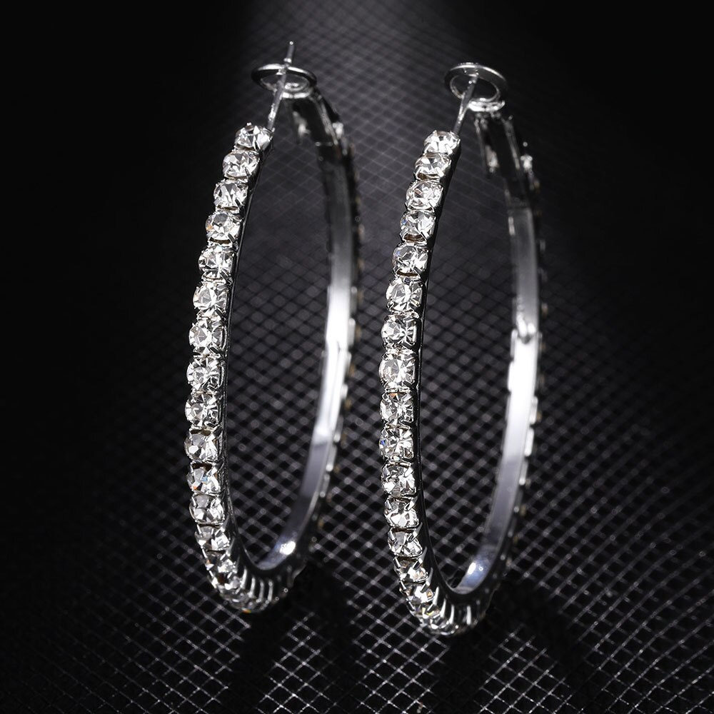 Victoria's Vogue 2020 Super Crystal Big Circles Hoop Earrings For Women Rhinestone Silver Color Circle Loop Earrings Simple Fashion Ear Ring
