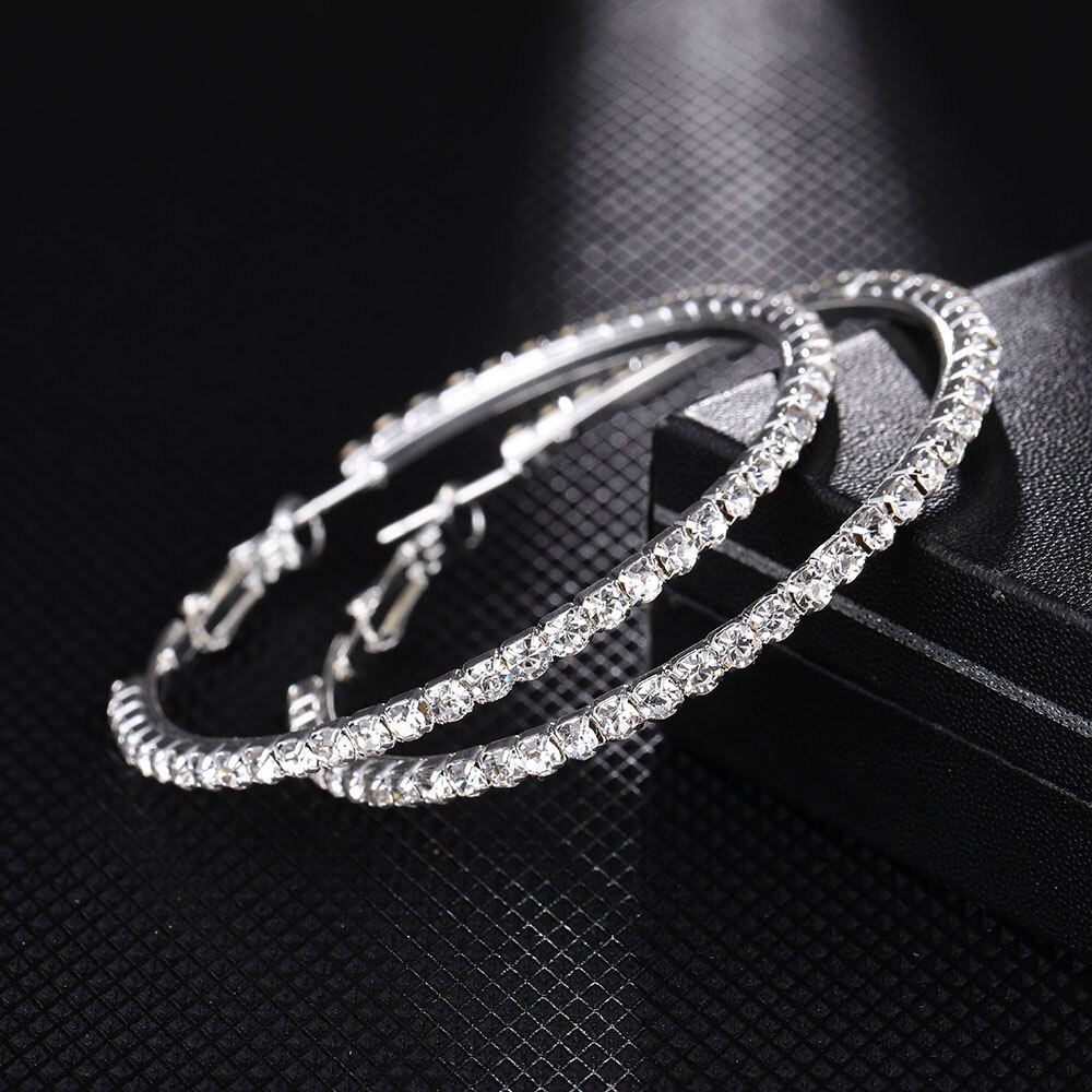 Victoria's Vogue 2020 Super Crystal Big Circles Hoop Earrings For Women Rhinestone Silver Color Circle Loop Earrings Simple Fashion Ear Ring