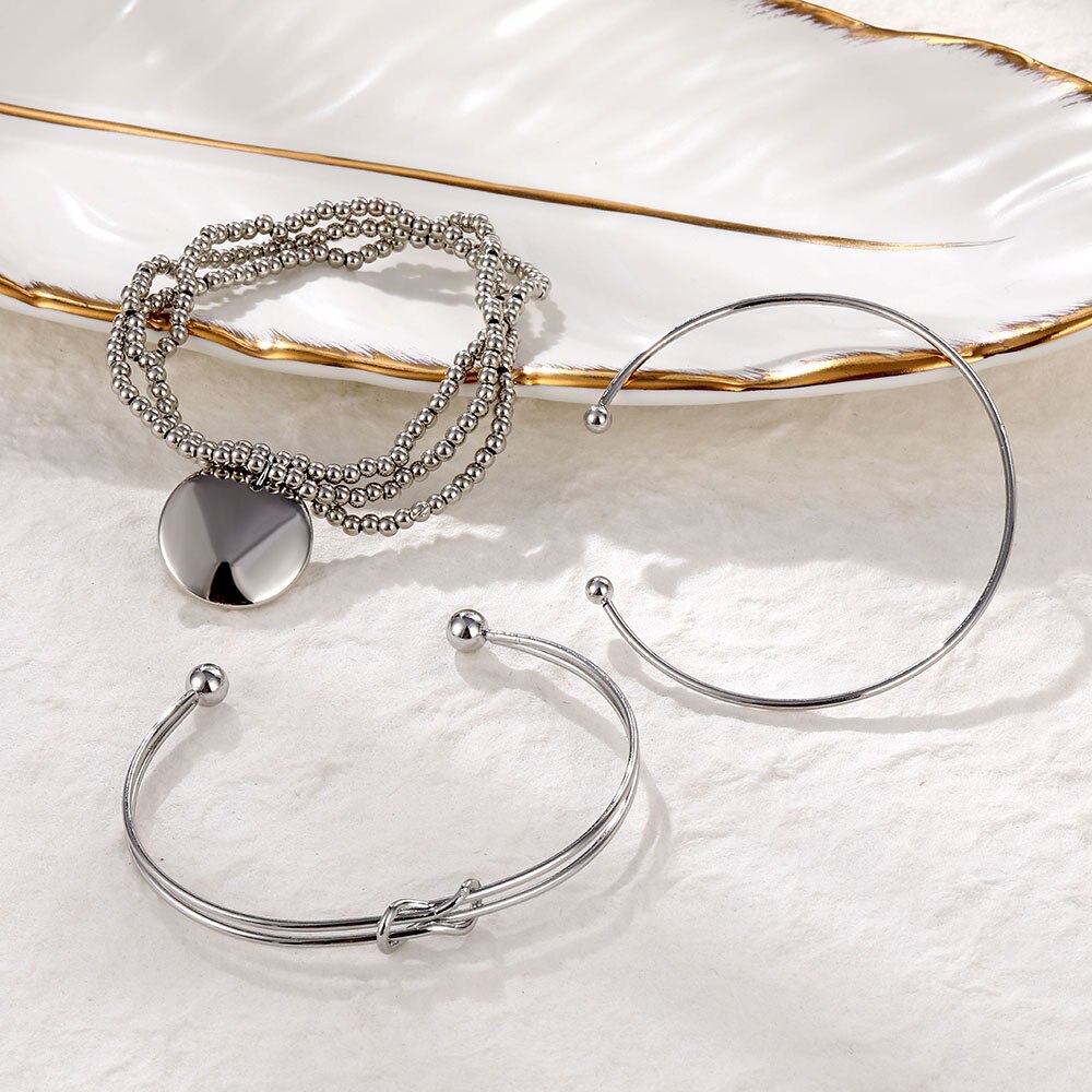 Victoria's Vogue Bohemia Simple Women Bracelet Silver Color Round Knot Open Bead Chain Bracelet Bangles Multilayer Fashion Jewelry 2020 New
