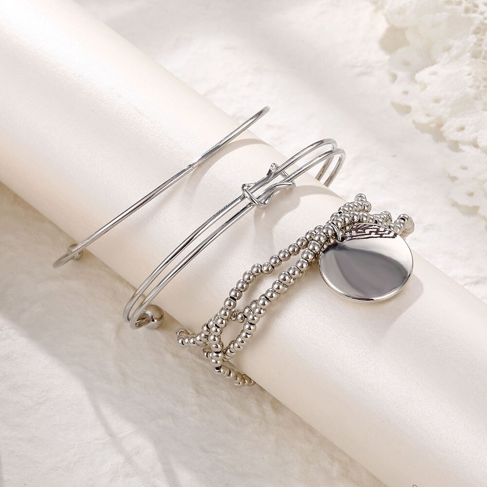 Victoria's Vogue Bohemia Simple Women Bracelet Silver Color Round Knot Open Bead Chain Bracelet Bangles Multilayer Fashion Jewelry 2020 New
