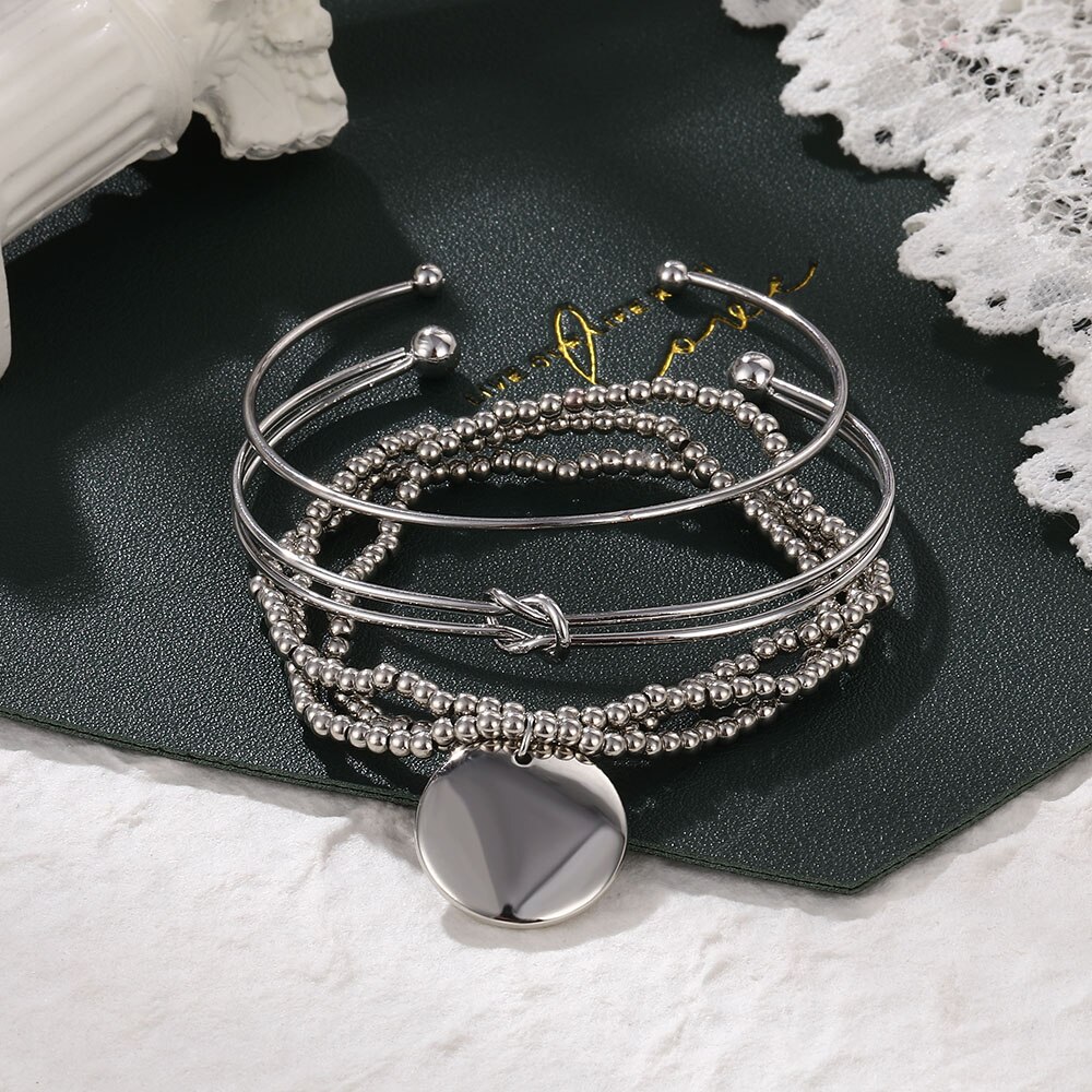 Victoria's Vogue Bohemia Simple Women Bracelet Silver Color Round Knot Open Bead Chain Bracelet Bangles Multilayer Fashion Jewelry 2020 New