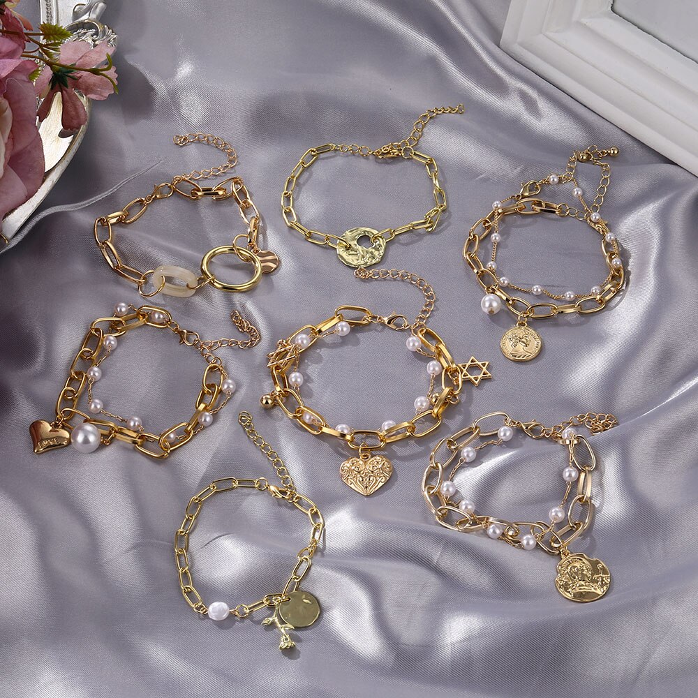 Victoria's Vogue Vintage Heart Pendant Bracelets Bangles Women Punk Chunky Imitation Pearl Chain Bracelet 2020 Couple Wedding Jewelry Gifts