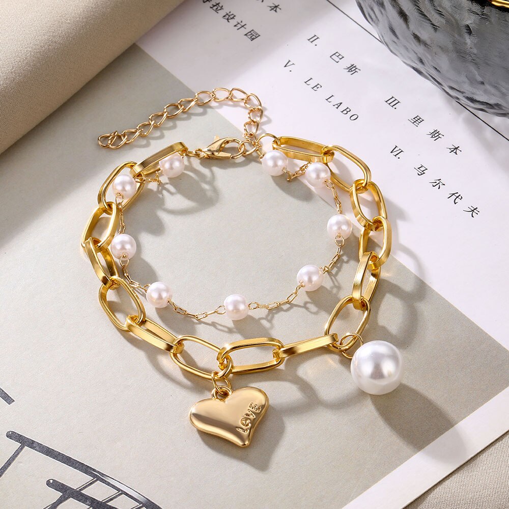 Victoria's Vogue Vintage Heart Pendant Bracelets Bangles Women Punk Chunky Imitation Pearl Chain Bracelet 2020 Couple Wedding Jewelry Gifts