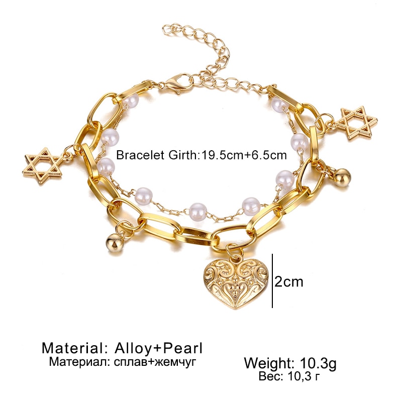 Victoria's Vogue Vintage Heart Pendant Bracelets Bangles Women Punk Chunky Imitation Pearl Chain Bracelet 2020 Couple Wedding Jewelry Gifts