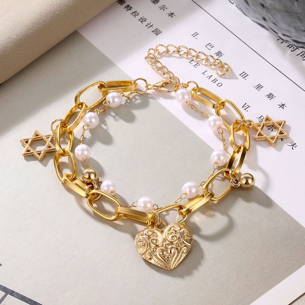 Victoria's Vogue Vintage Heart Pendant Bracelets Bangles Women Punk Chunky Imitation Pearl Chain Bracelet 2020 Couple Wedding Jewelry Gifts