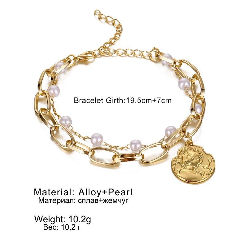 Victoria's Vogue Vintage Heart Pendant Bracelets Bangles Women Punk Chunky Imitation Pearl Chain Bracelet 2020 Couple Wedding Jewelry Gifts