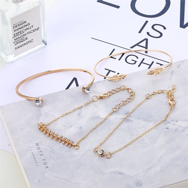 Victoria's Vogue 4Pcs/Set Geometric Crystal Charm Bracelets for Women Gold Leaf Bangles Bracelets Set Simple Wrist Chain Lady Boho Bracelet