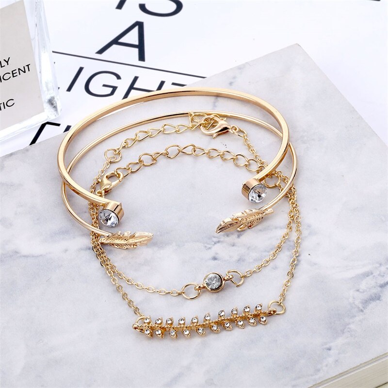 Victoria's Vogue 4Pcs/Set Geometric Crystal Charm Bracelets for Women Gold Leaf Bangles Bracelets Set Simple Wrist Chain Lady Boho Bracelet