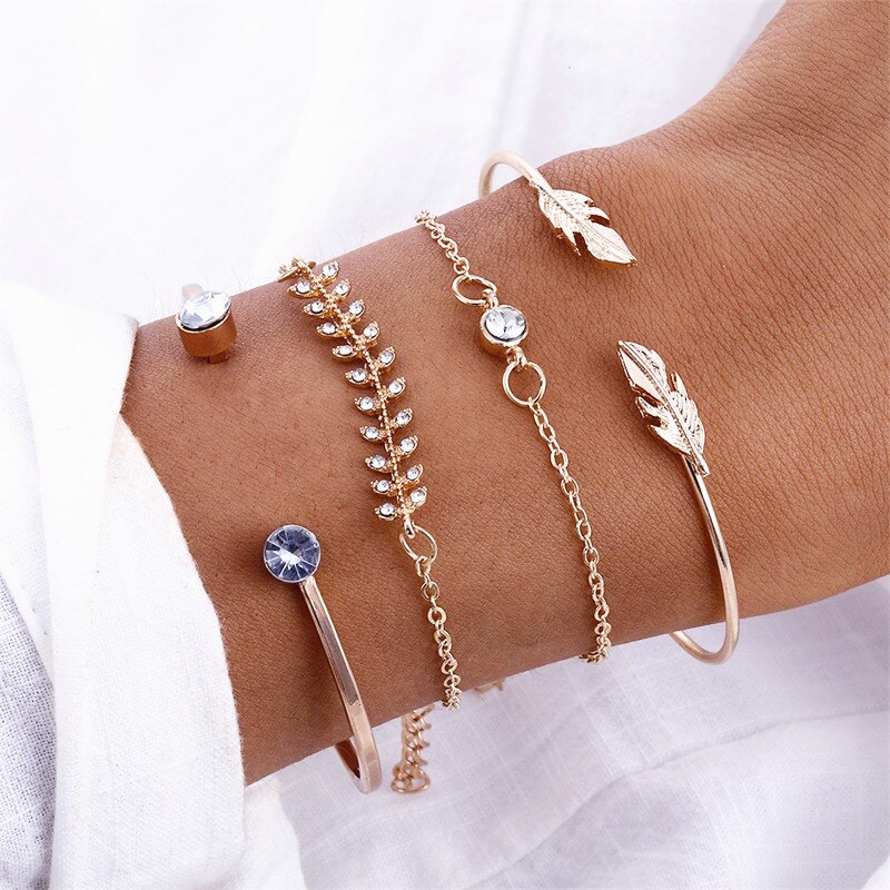 Victoria's Vogue 4Pcs/Set Geometric Crystal Charm Bracelets for Women Gold Leaf Bangles Bracelets Set Simple Wrist Chain Lady Boho Bracelet