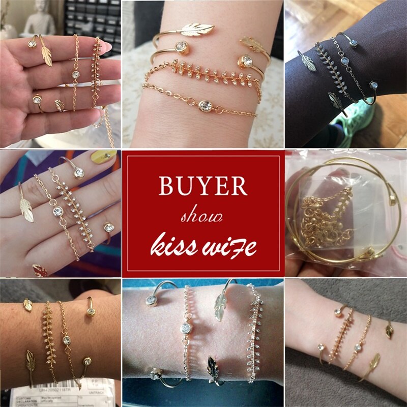 Victoria's Vogue 4Pcs/Set Geometric Crystal Charm Bracelets for Women Gold Leaf Bangles Bracelets Set Simple Wrist Chain Lady Boho Bracelet