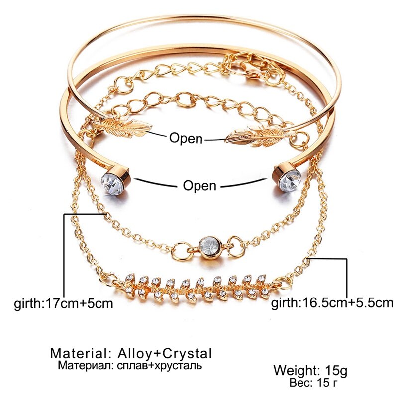 Victoria's Vogue 4Pcs/Set Geometric Crystal Charm Bracelets for Women Gold Leaf Bangles Bracelets Set Simple Wrist Chain Lady Boho Bracelet