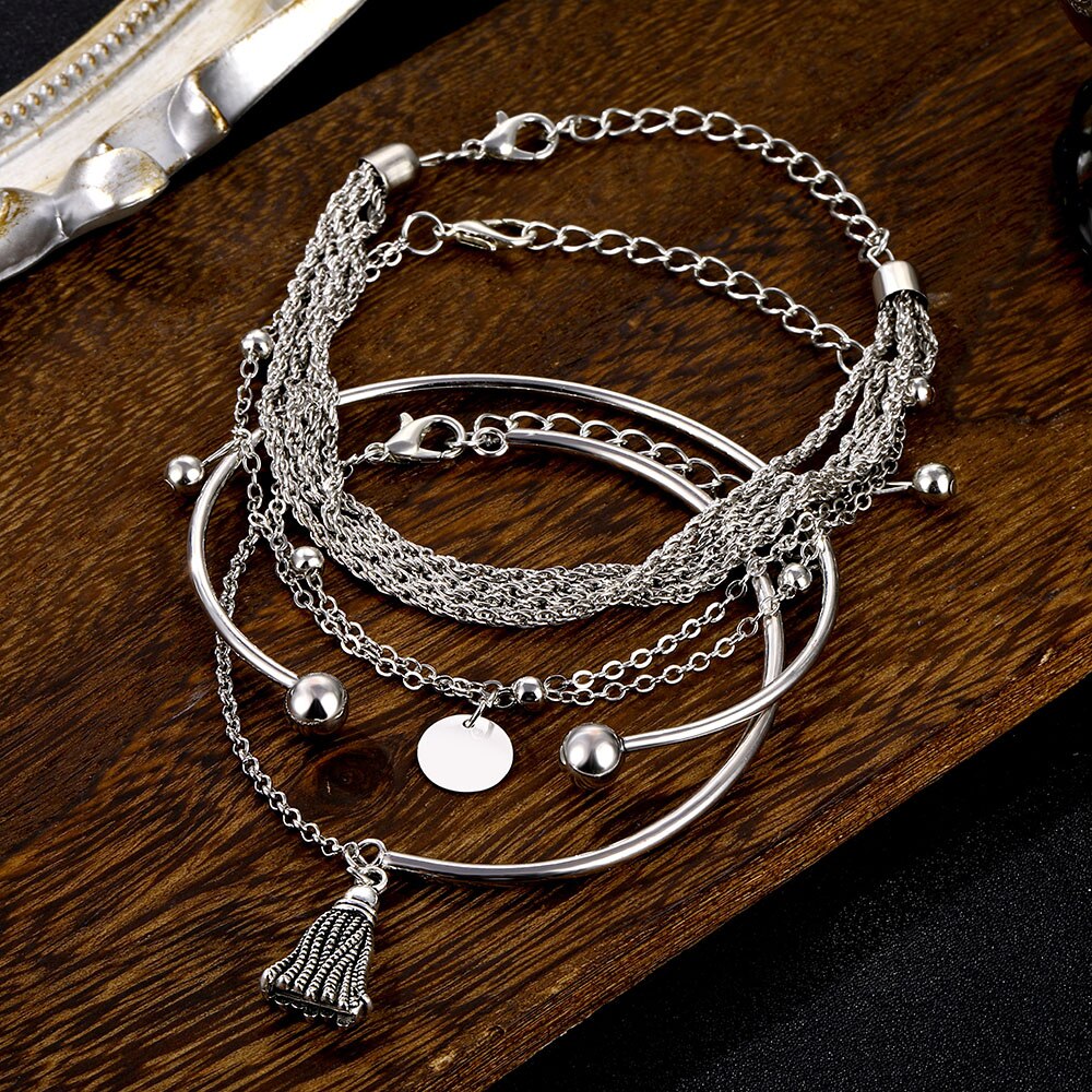 Victoria's Vogue Boho Multilayer Tassel Pendant Bracelet for Women Silver Color Disc Chain Bracelets Bangles Set Fashion Jewelry Accessories Victoria's Vogue Boho Multilayer Tassel Pendant Bracelet for Women Silver Color Disc Chain Bracelets Bangles Set Fashion Jewelry Accessories
