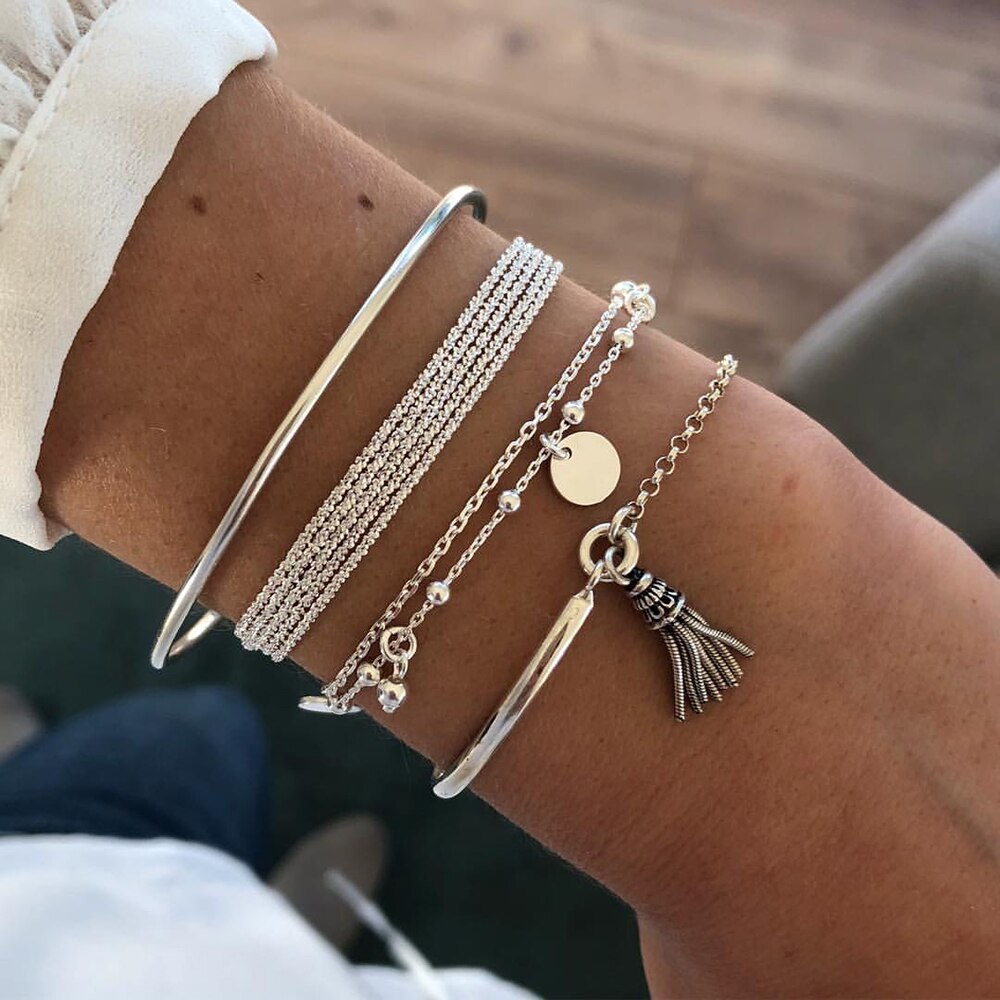 Victoria's Vogue Boho Multilayer Tassel Pendant Bracelet for Women Silver Color Disc Chain Bracelets Bangles Set Fashion Jewelry Accessories Victoria's Vogue Boho Multilayer Tassel Pendant Bracelet for Women Silver Color Disc Chain Bracelets Bangles Set Fashion Jewelry Accessories