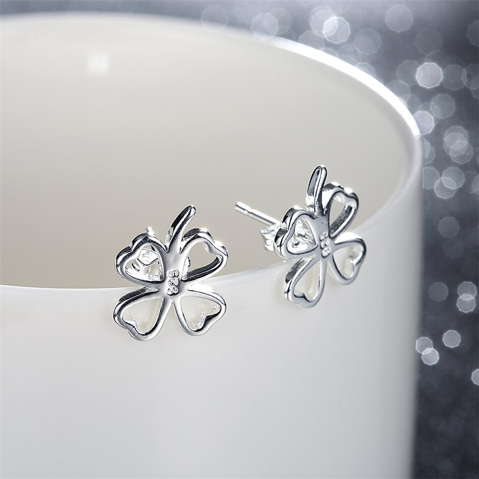 Victoria's Vogue 925 Sterling Silver Four-Leaf Clover Stud Earrings For Woman Wedding Engagement Fashion Party Charm Jewelry