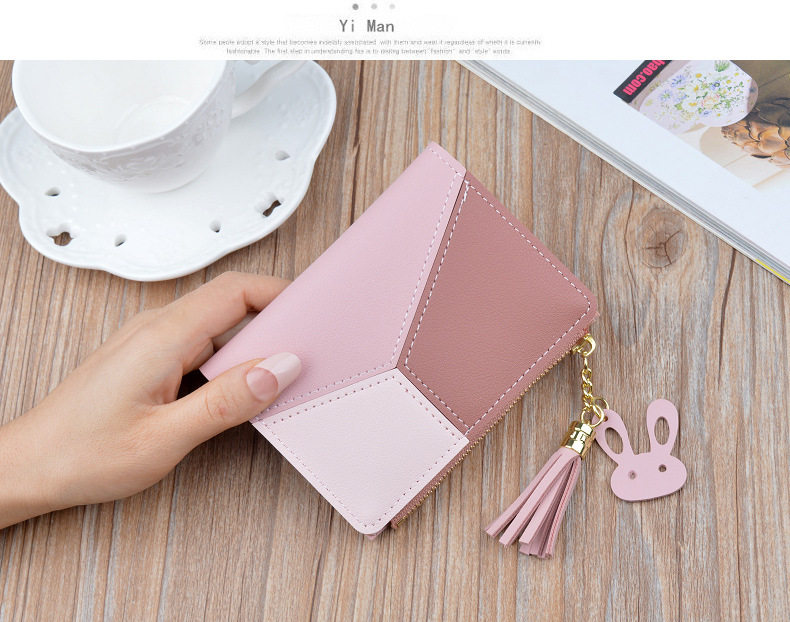 Victoria's Vogue Geometric Women Wallets with Zipper Pink Phone Pocket Purse Card Holder Patchwork Women Long Wallet Lady Tassel Short Coin Purse