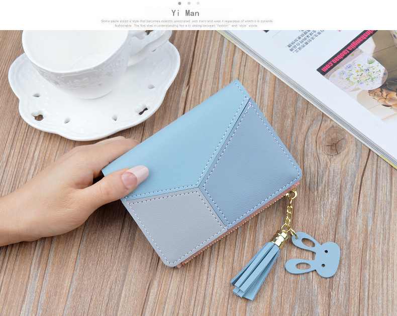 Victoria's Vogue Geometric Women Wallets with Zipper Pink Phone Pocket Purse Card Holder Patchwork Women Long Wallet Lady Tassel Short Coin Purse