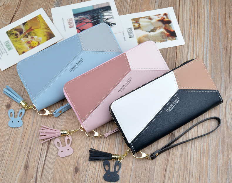 Victoria's Vogue Geometric Women Wallets with Zipper Pink Phone Pocket Purse Card Holder Patchwork Women Long Wallet Lady Tassel Short Coin Purse
