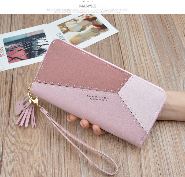Victoria's Vogue Geometric Women Wallets with Zipper Pink Phone Pocket Purse Card Holder Patchwork Women Long Wallet Lady Tassel Short Coin Purse
