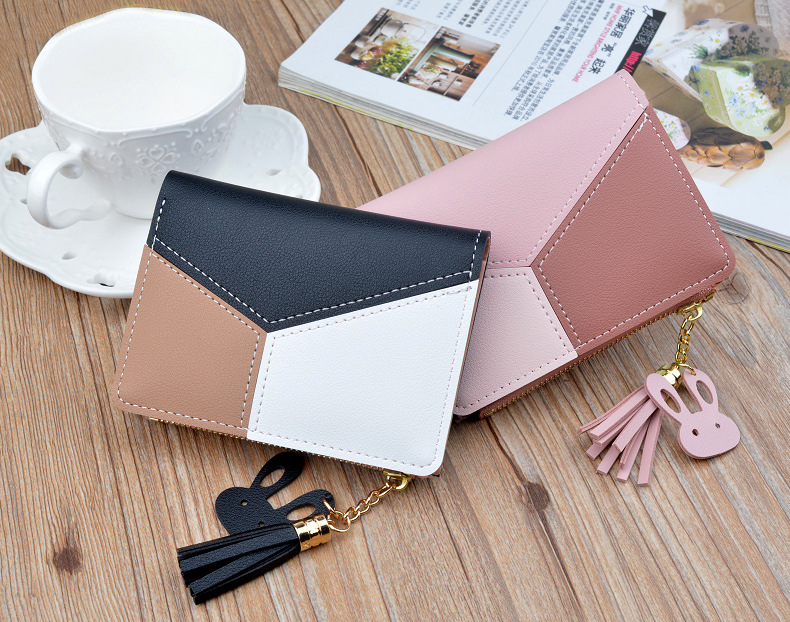 Victoria's Vogue Geometric Women Wallets with Zipper Pink Phone Pocket Purse Card Holder Patchwork Women Long Wallet Lady Tassel Short Coin Purse