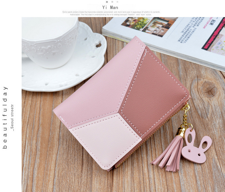 Victoria's Vogue Geometric Women Wallets with Zipper Pink Phone Pocket Purse Card Holder Patchwork Women Long Wallet Lady Tassel Short Coin Purse