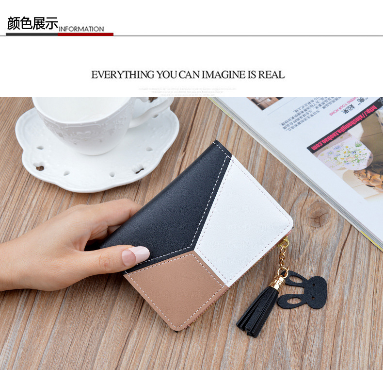Victoria's Vogue Geometric Women Wallets with Zipper Pink Phone Pocket Purse Card Holder Patchwork Women Long Wallet Lady Tassel Short Coin Purse