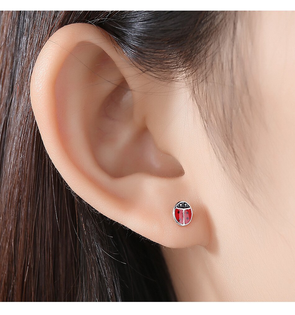 Victoriasweb Fashion 925 Sterling Silver Earrings Children Jewelry Red Enamel Animal Ladybug Small Stud Earrings For Kids Girls Baby