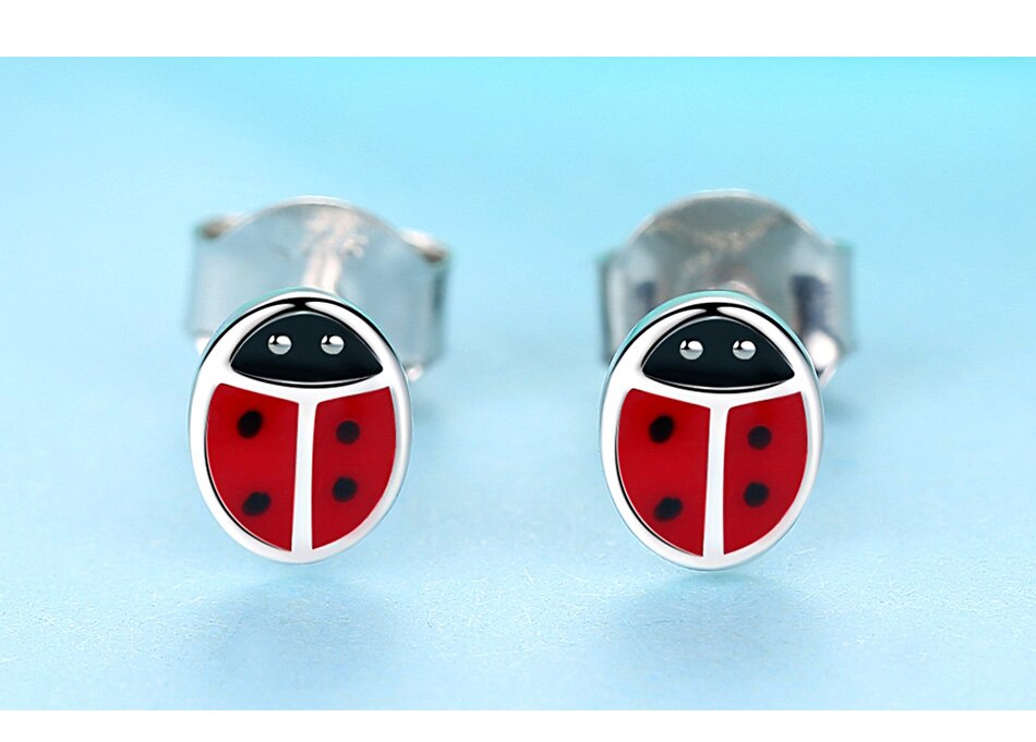 Victoriasweb Fashion 925 Sterling Silver Earrings Children Jewelry Red Enamel Animal Ladybug Small Stud Earrings For Kids Girls Baby