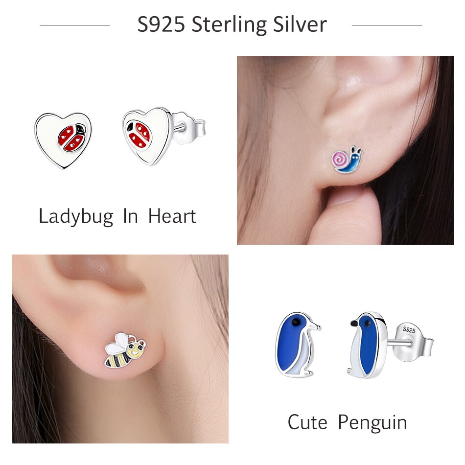 Victoriasweb Fashion 925 Sterling Silver Earrings Children Jewelry Red Enamel Animal Ladybug Small Stud Earrings For Kids Girls Baby