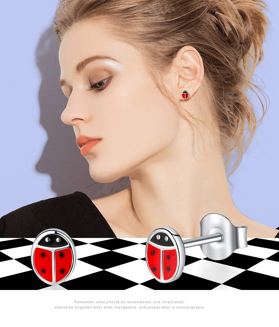 Victoriasweb Fashion 925 Sterling Silver Earrings Children Jewelry Red Enamel Animal Ladybug Small Stud Earrings For Kids Girls Baby