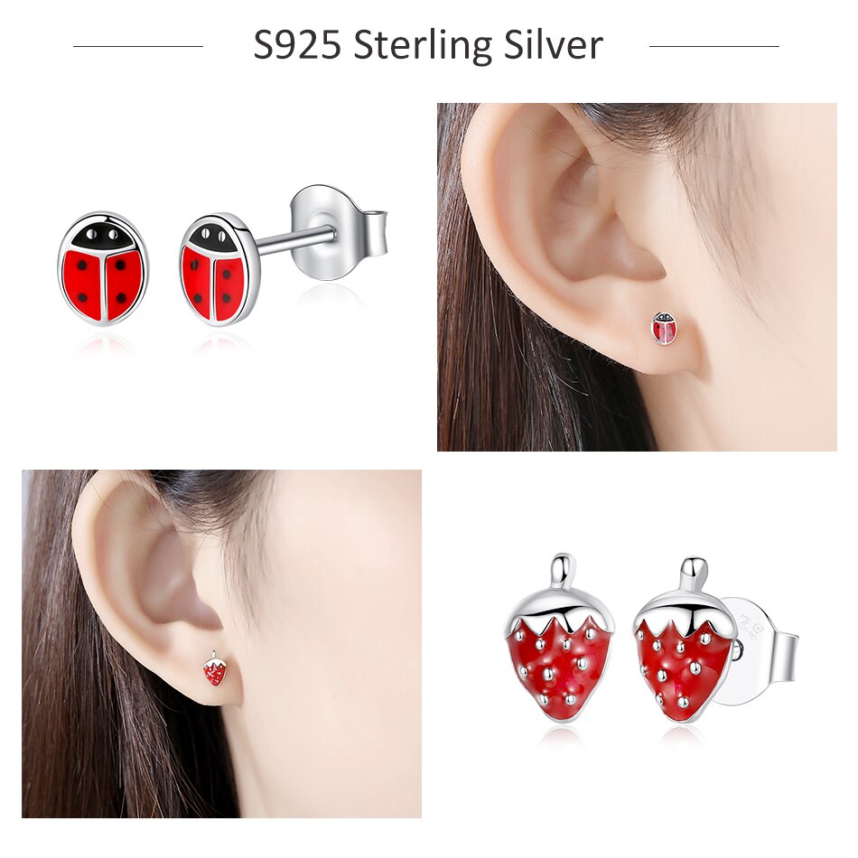 Victoriasweb Fashion 925 Sterling Silver Earrings Children Jewelry Red Enamel Animal Ladybug Small Stud Earrings For Kids Girls Baby