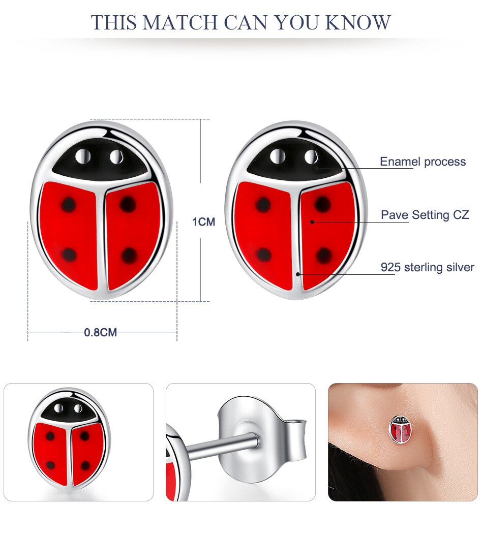Victoriasweb Fashion 925 Sterling Silver Earrings Children Jewelry Red Enamel Animal Ladybug Small Stud Earrings For Kids Girls Baby