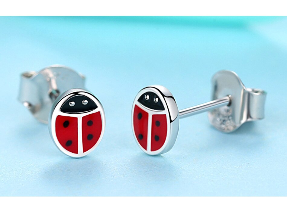 Victoriasweb Fashion 925 Sterling Silver Earrings Children Jewelry Red Enamel Animal Ladybug Small Stud Earrings For Kids Girls Baby