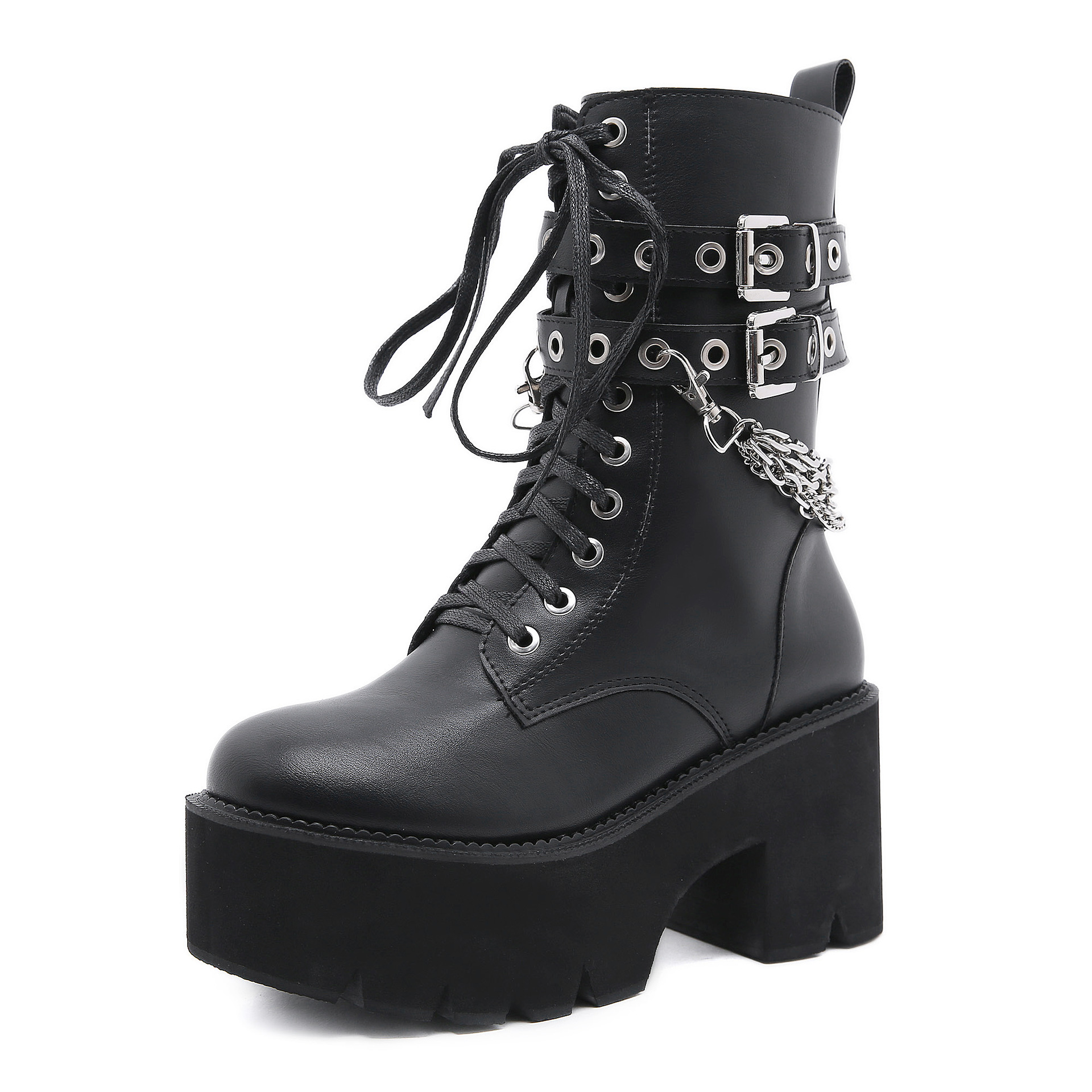 Victoria's Vogue High Quality Leather Gothic Black Boots Women Heel Sexy Chain Chunky Heel Platform Boots Female Punk Style Ankle Boots Zipper Victoria's Vogue High Quality Leather Gothic Black Boots Women Heel Sexy Chain Chunky Heel Platform Boots Female Punk Style Ankle Boots Zipper