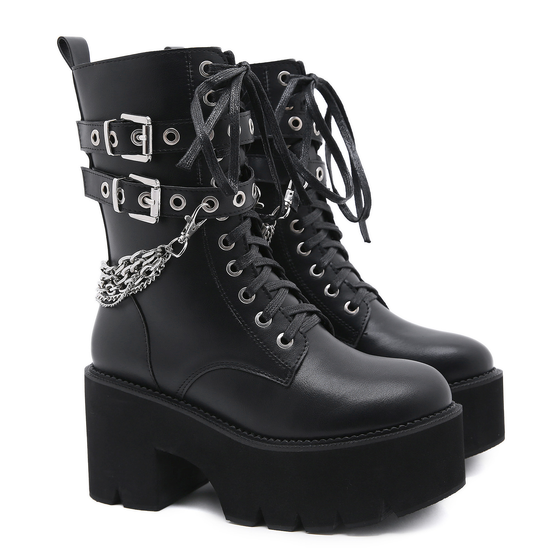 Victoria's Vogue High Quality Leather Gothic Black Boots Women Heel Sexy Chain Chunky Heel Platform Boots Female Punk Style Ankle Boots Zipper Victoria's Vogue High Quality Leather Gothic Black Boots Women Heel Sexy Chain Chunky Heel Platform Boots Female Punk Style Ankle Boots Zipper
