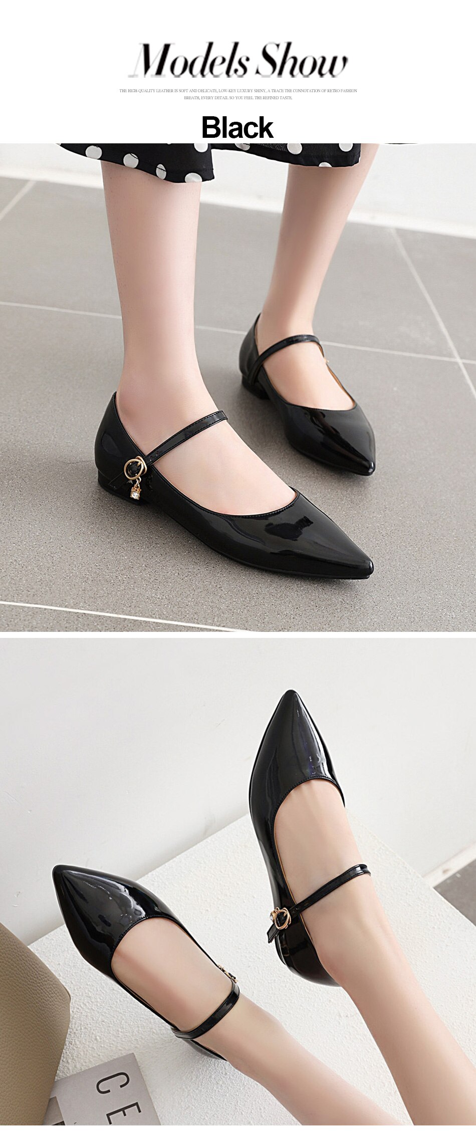 Victoria's Vogue Patent Leather Pointed Toe Flats Women Mary Jane Fashion Crystal Ladies Office Shoes Flat Heel Comfortable Plus Size 46