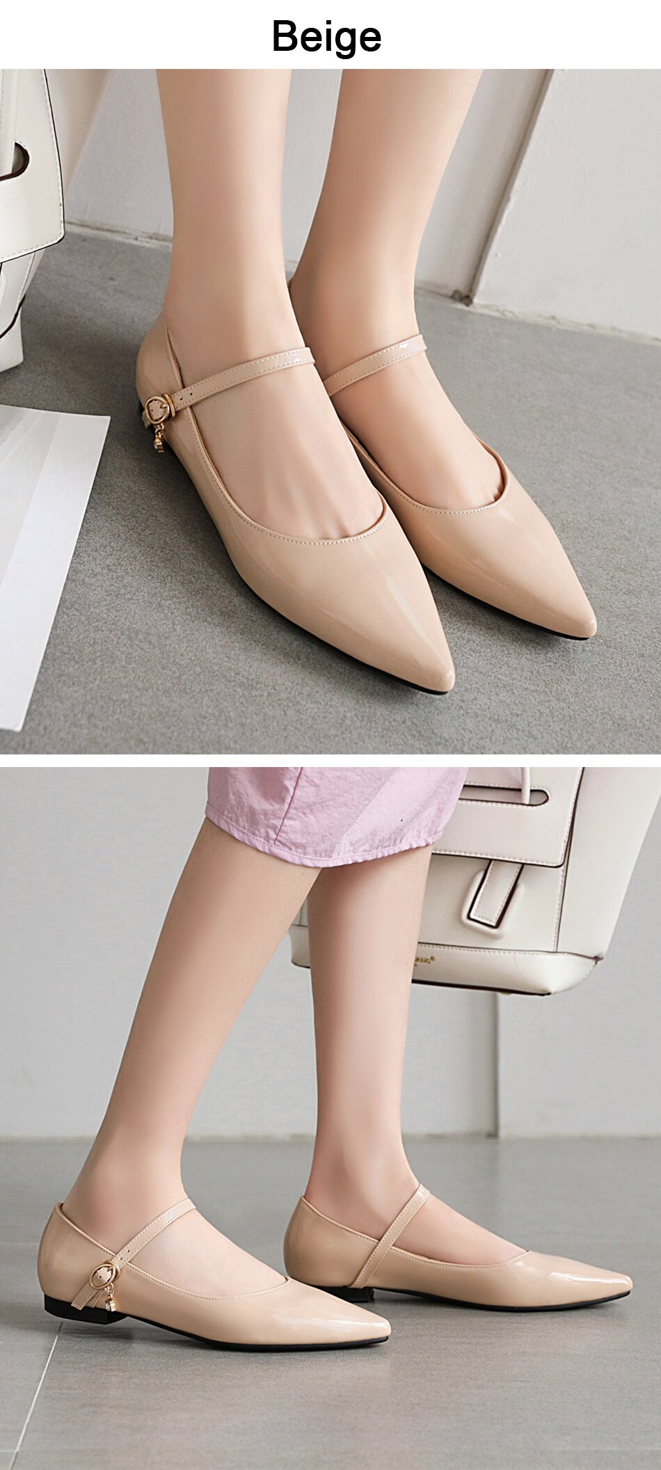 Victoria's Vogue Patent Leather Pointed Toe Flats Women Mary Jane Fashion Crystal Ladies Office Shoes Flat Heel Comfortable Plus Size 46