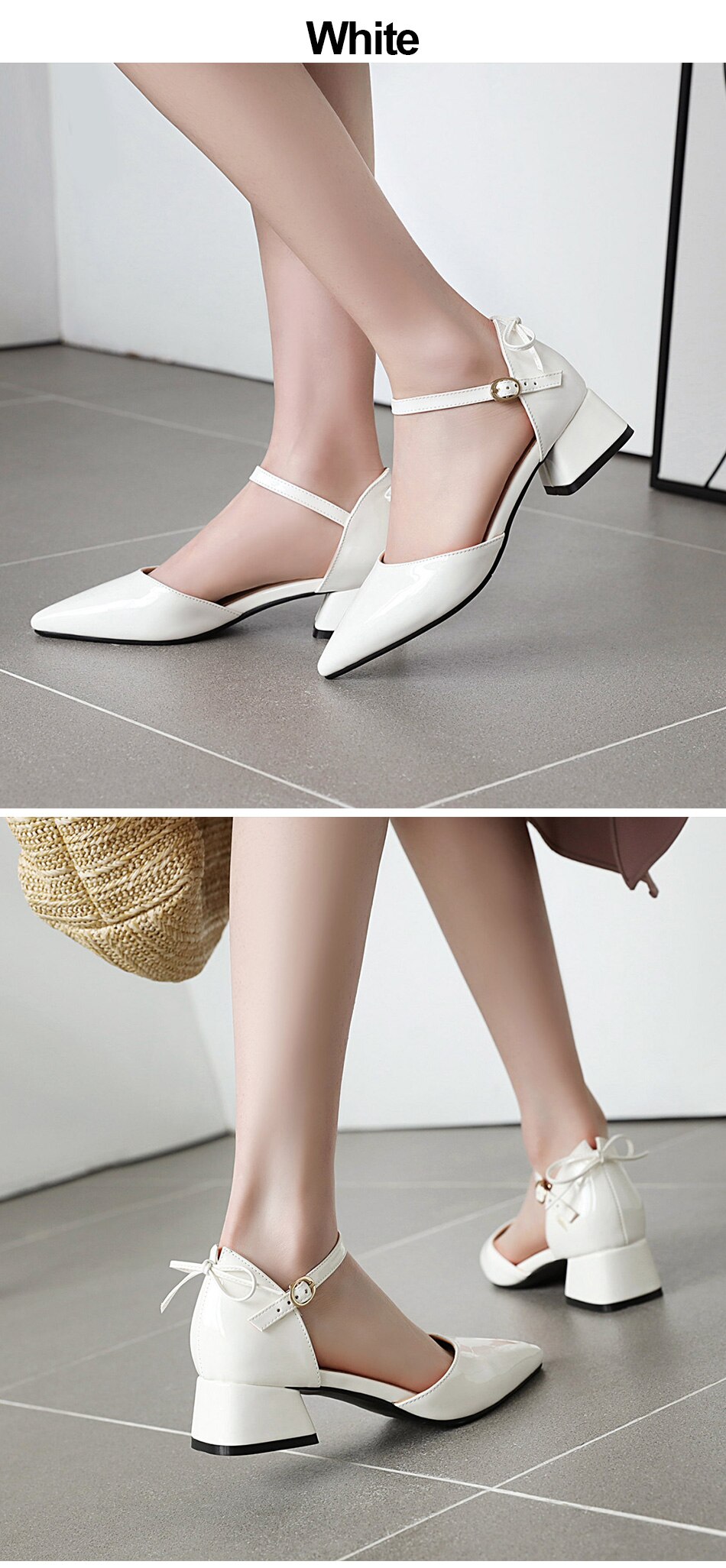 Victoria's Vogue Patent Leather Pointed Toe Shoes Women Two Piece Summer Shoes Pumps For Office Working Fashion Bowie Mid Heel Big Size 48