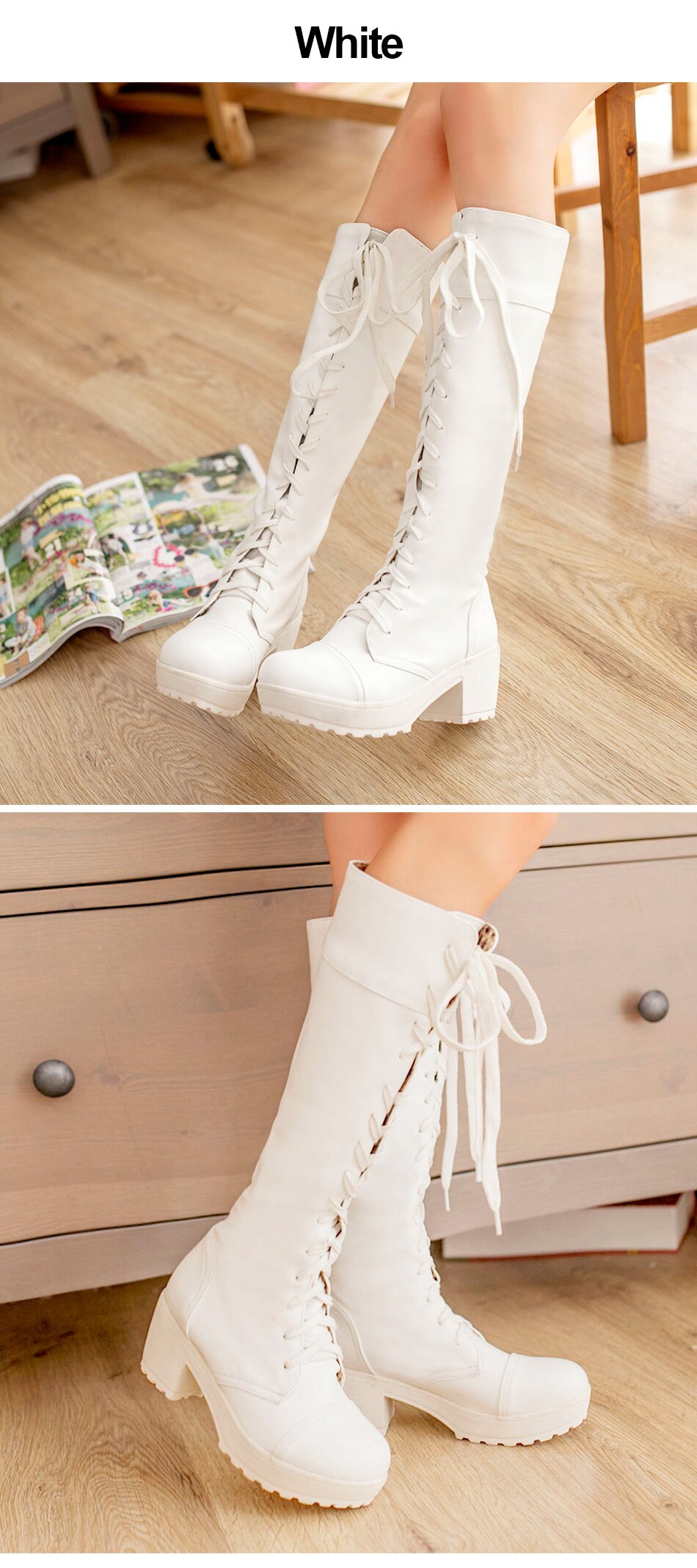 Victoria's Vogue Large Size 43 Lace Up Knee High Boots Women Autumn Soft Leather Fashion White Square Heel Woman Shoes Winter Hot Sale