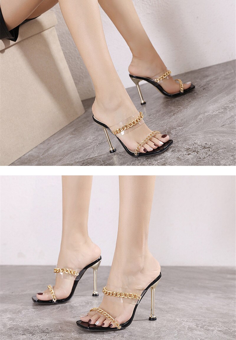 Victoria's Vogue Clear PVC Transparent High Heel Slippers Summer Fashion Chain Design Slip On Square Toe Slides Women Mules Pumps