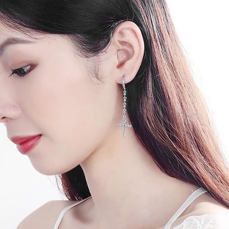 Victoria's Vogue Prevent Allergy 925 Sterling Silver Earring for Women Creative Elegant Sparkling Cross Zircon Pendant Bride Jewelry Gift