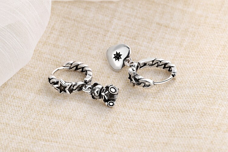 Victoria's Vogue Vintage Little Bear Love Asymmetric Long Earrings 925 Sterling Silver Charms Earring Party Jewelry Gift for Women Couple