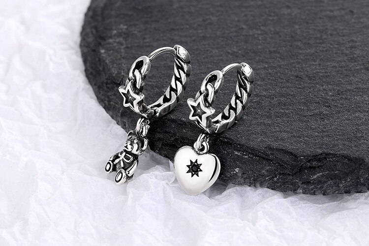 Victoria's Vogue Vintage Little Bear Love Asymmetric Long Earrings 925 Sterling Silver Charms Earring Party Jewelry Gift for Women Couple