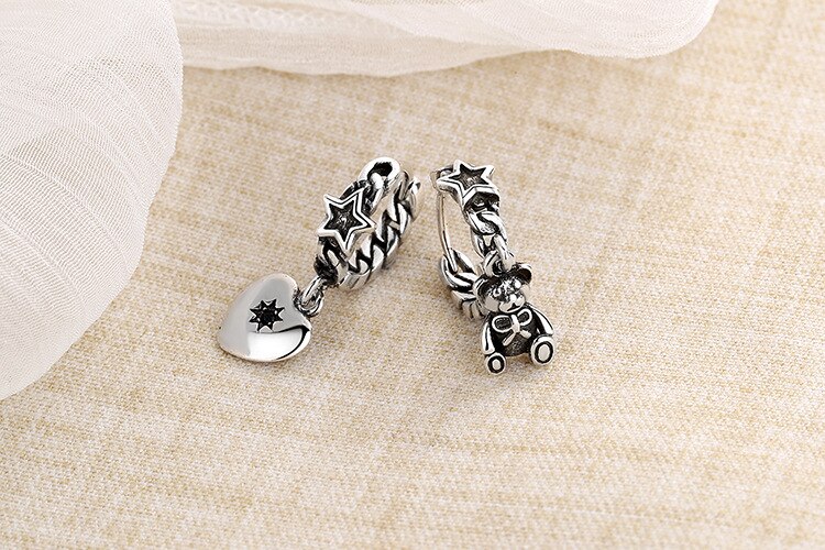 Victoria's Vogue Vintage Little Bear Love Asymmetric Long Earrings 925 Sterling Silver Charms Earring Party Jewelry Gift for Women Couple