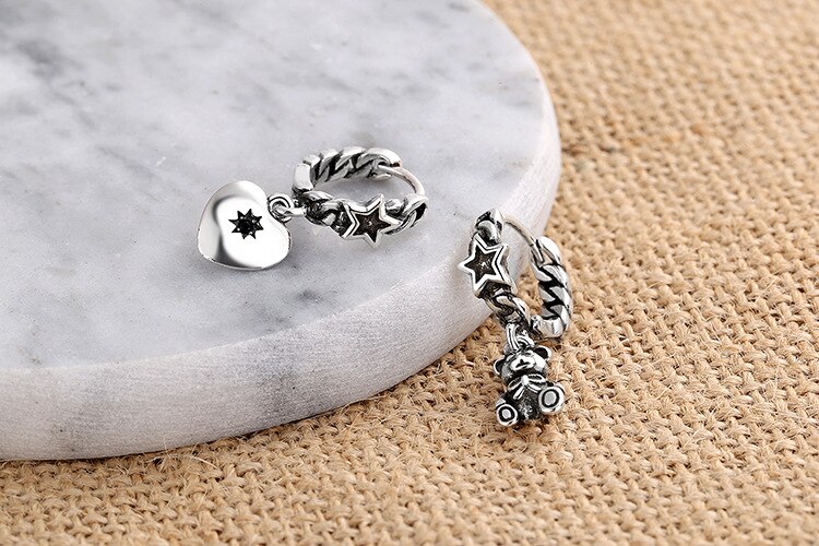 Victoria's Vogue Vintage Little Bear Love Asymmetric Long Earrings 925 Sterling Silver Charms Earring Party Jewelry Gift for Women Couple