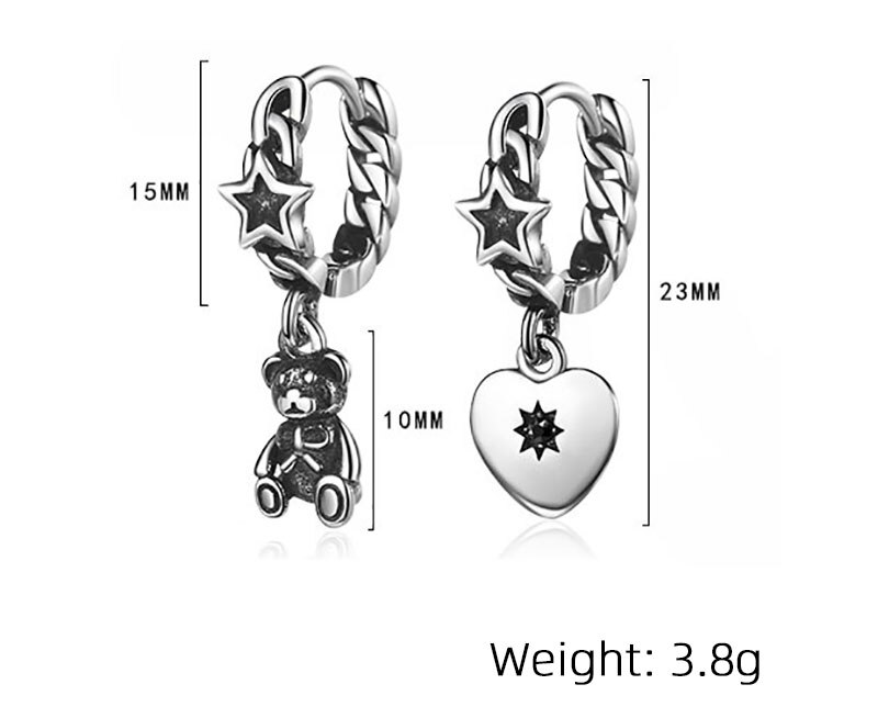 Victoria's Vogue Vintage Little Bear Love Asymmetric Long Earrings 925 Sterling Silver Charms Earring Party Jewelry Gift for Women Couple