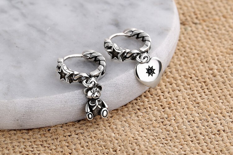 Victoria's Vogue Vintage Little Bear Love Asymmetric Long Earrings 925 Sterling Silver Charms Earring Party Jewelry Gift for Women Couple
