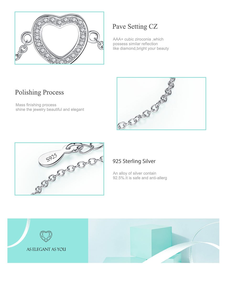 Victoriasvogue Fashion 925 Sterling Silver Heart Charms Bracelet for Women Sparkling Crystal Link Chain Bracelets Original Jewelry