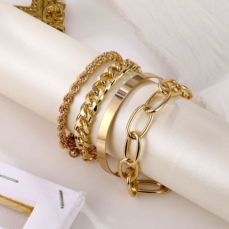 Victoriasvogue Punk Gold Rock Heavy Metal Thick Chain Bangles Bracelet Cuban Link 4-Piece Bracelets Set For Women Boho Jewelry Gifts