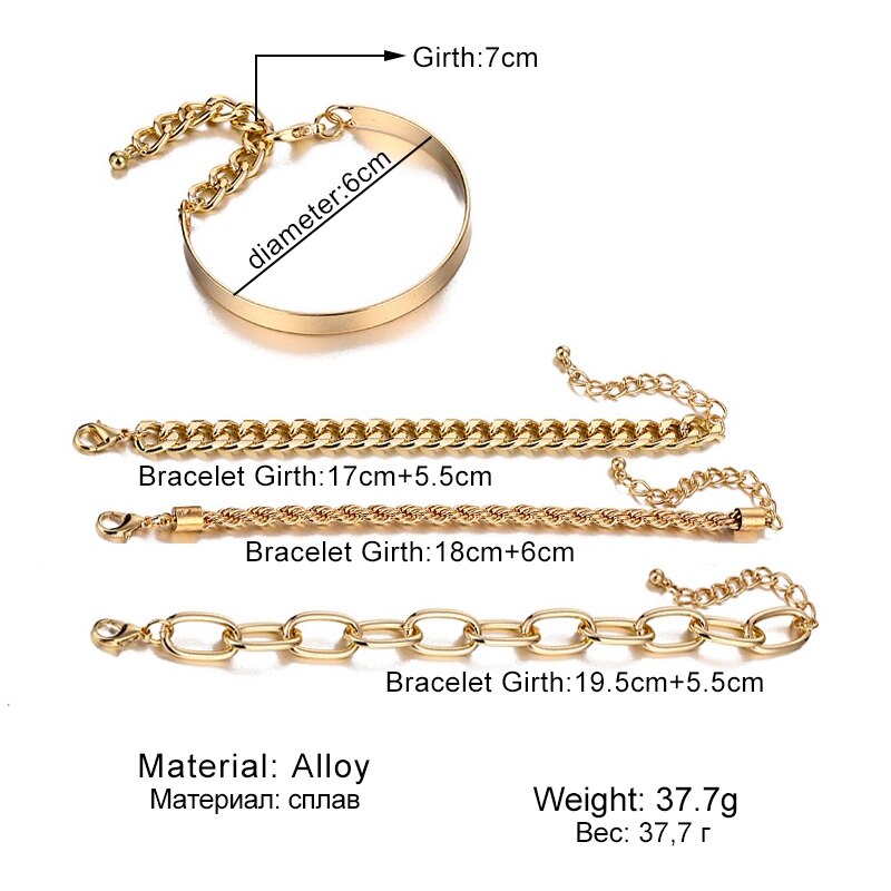 Victoriasvogue Punk Gold Rock Heavy Metal Thick Chain Bangles Bracelet Cuban Link 4-Piece Bracelets Set For Women Boho Jewelry Gifts